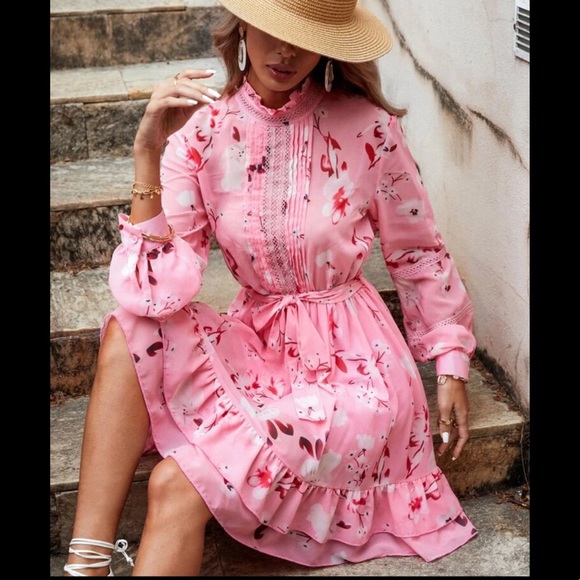 Floral Pink Belted Dress - Picture 3 of 6